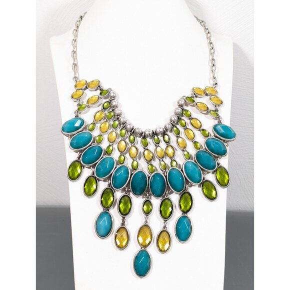Lucky Brand Boho Tribal Blue Stone Green Yellow Bib Statement Necklace 19 in - Picture 1 of 9